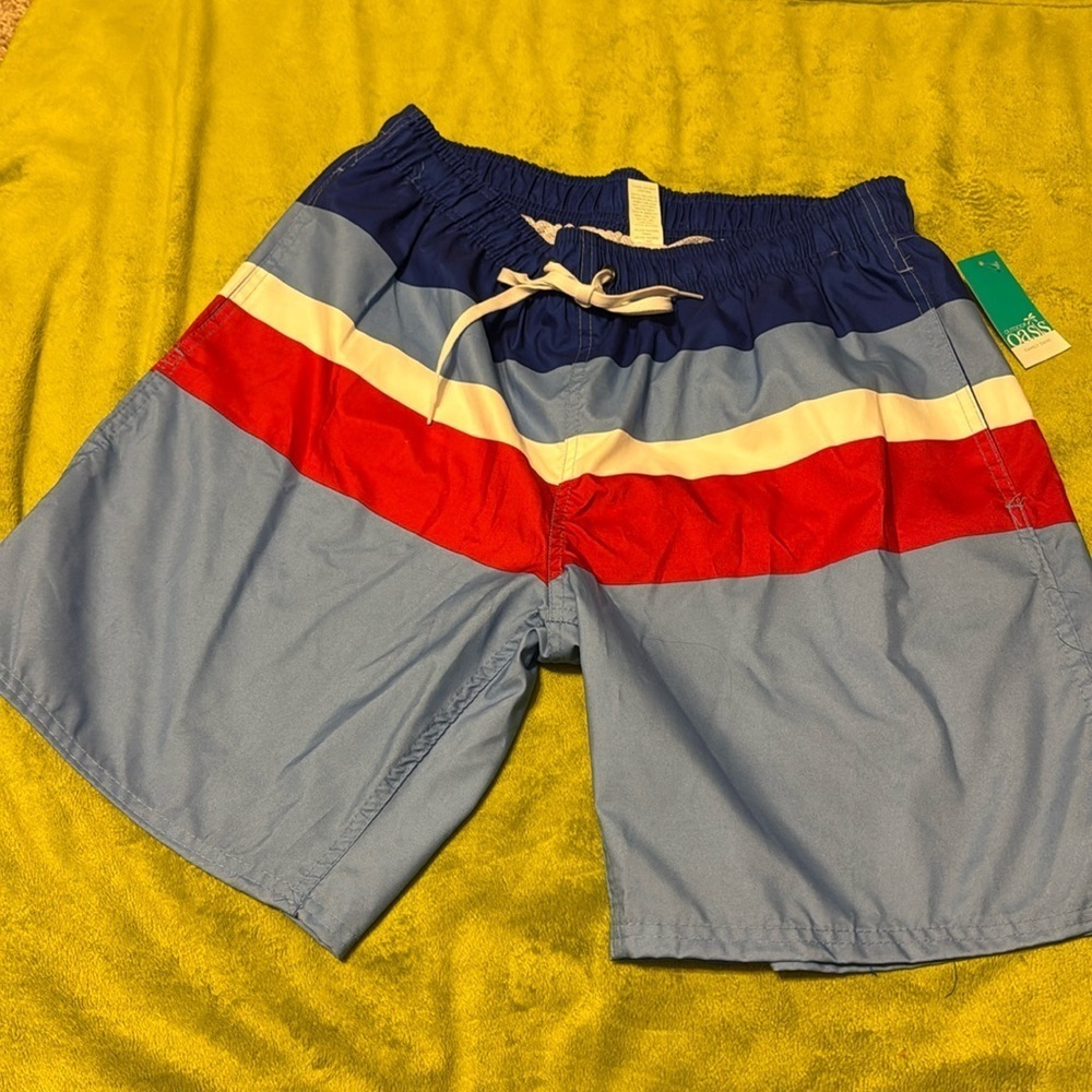 Outdoor Oasis Mens Lg 100% Polyester Striped Drawstring Waist Lined Swim Shorts